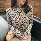 Long-sleeve Mock-neck Leopard Print T-shirt