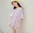 Elbow-sleeve Striped T-shirt Stripes - Purple & Pink - One Size
