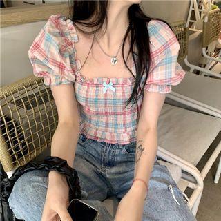 Short-sleeve Plaid Top Plaid - Blue & Pink - One Size