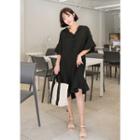 Elbow-sleeve Slit-detail Half-placket Midi Dress