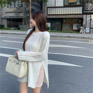 Slit-hem Pointelle Knit Sweater