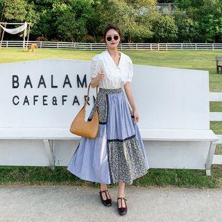 Balloon-sleeve Blouse / Floral Print Panel Midi A-line Skirt