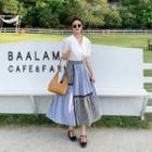 Balloon-sleeve Blouse / Floral Print Panel Midi A-line Skirt