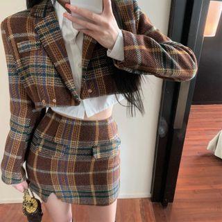 Long-sleeve Plain Cropped Shirt / Plaid Cropped Blazer / Plaid Mini Skirt