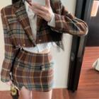 Long-sleeve Plain Cropped Shirt / Plaid Cropped Blazer / Plaid Mini Skirt