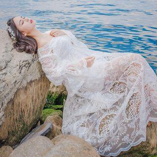 Off-shoulder Long-sleeve Maxi A-line Lace Dress