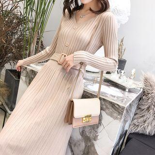 Ribbed A-line Knit Dress With Belt Khaki - One Size