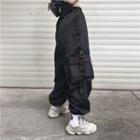 Belted Side-pocket Embroidered Cargo Pants Black - One Size