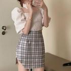 Off-shoulder Cropped Top / Plaid Skirt