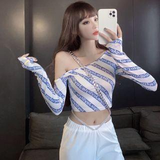 Long-sleeve Off-shoulder Lettering Print Crop Top