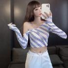 Long-sleeve Off-shoulder Lettering Print Crop Top