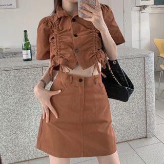 Short-sleeve Drawstring Crop Shirt / Mini A-line Skirt