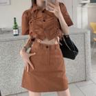 Short-sleeve Drawstring Crop Shirt / Mini A-line Skirt