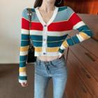 Long-sleeve Striped Buttoned Knit Cropped Top
