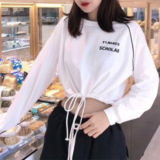 Long-sleeve Lettering Drawstring Cropped Top