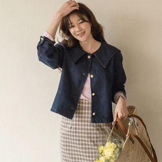 Sailor-collar Denim Jacket Blue - One Size
