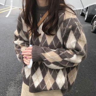 Argyle Sweater Sweater - Argyle - Brown & White & Almond - One Size