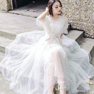 Set: Plain Slipdress + Mesh Short-sleeve Maxi Dress