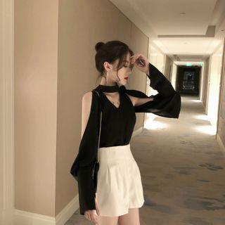 Long-sleeve Cold-shoulder Chiffon Top / Wide Leg Shorts