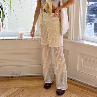 High-waist Ruched Tie-waist See-through Pants