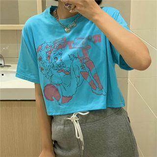 Short-sleeve Round Neck Cartoon Print Cropped T-shirt
