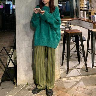 Long-sleeve Plain Sweater / High-waist Striped Wide-leg Pants