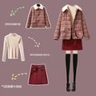 Set: Single-breasted Coat + Mock-neck Sweater + Mini Skirt
