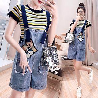 Set: Short-sleeve Striped T-shirt + Sequined Denim Jumper Shorts