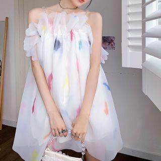 Beaded Strap Ruffled Mesh Mini A-line Dress