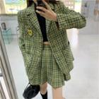 Logo Embroidered Plaid Single-breasted Blazer / Pleated Mini A-line Skirt