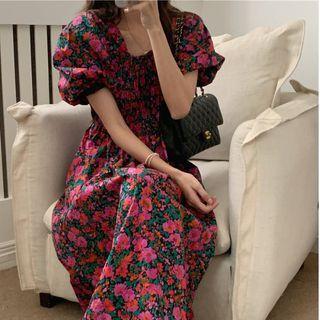Puff-sleeve Floral Midi A-line Dress Rose Pink - One Size