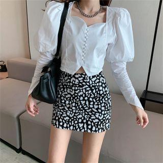 Puff-sleeve Square-neck Top / High-waist Skirt