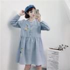 Long-sleeve Floral Embroidery Plaid Shift Dress Light Blue - One Size