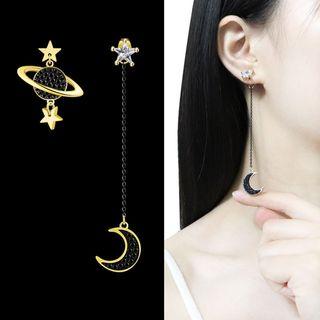 Non-matching Rhinestone Planet Moon & Star Dangle Earring 1 Pair - Sterling Silver Stud - Gold & Black - One Size