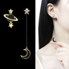 Non-matching Rhinestone Planet Moon & Star Dangle Earring 1 Pair - Sterling Silver Stud - Gold & Black - One Size