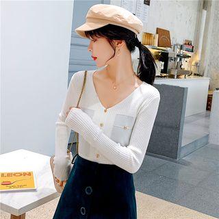 Long-sleeve Button-detail V-neck Knit Top
