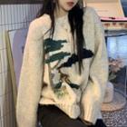 Deer Embroidered Sweater White - One Size
