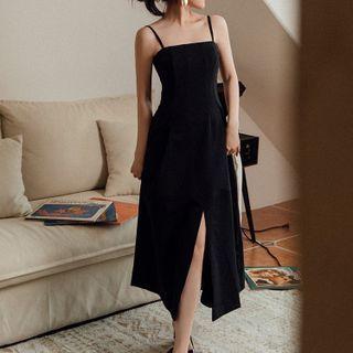 Set: Spaghetti Strap Midi A-line Dress + Puff-sleeve Crop Top