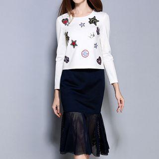 Set: Badge Detailed Long Sleeve T-shirt + Mesh Trim Midi Skirt
