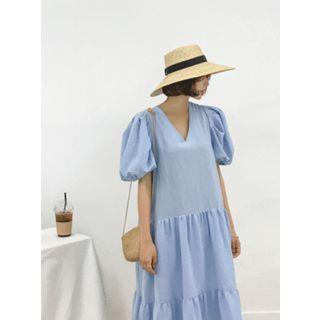 Plunge-neck Balloon-sleeve Long Tiered Dress