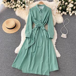 Lapel Print Lace-up Strap Long-sleeve Dress