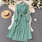 Lapel Print Lace-up Strap Long-sleeve Dress