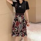 Set: Short-sleeve Star Embroidered T-shirt + Flower Embroidered A-line Skirt