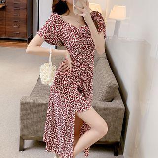 Short-sleeve Cherry Print Slit Midi A-line Dress