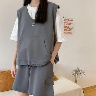 Set: Plain Elbow-sleeve T-shirt + Drawstring Vest + Shorts