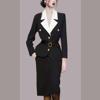 Set: Two Tone Blazer + Fitted Skirt + Belt