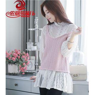 Set: 3/4-sleeve Lace Top + Knit Vest