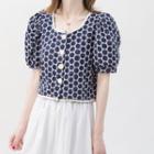 Patterned Short-sleeve Top Dots - Navy Blue - One Size