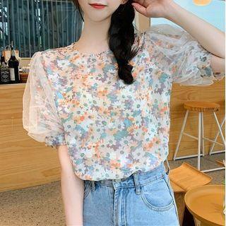 Short-sleeve Floral Print Mesh Blouse