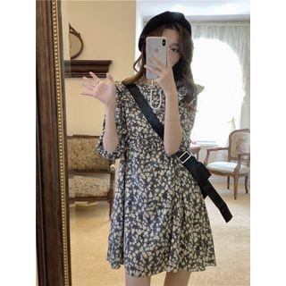 Elbow-sleeve Ruffled Floral Mini A-line Dress Floral - Black - One Size